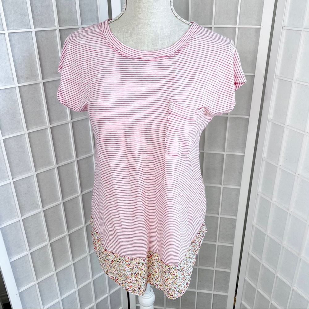 NWT Mododoc Pink White Stripe Multicolor Floral Short Sleeve Top Small